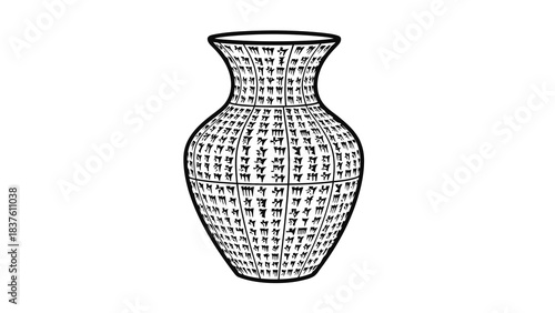 Ancient cuneiform script vase, historical pottery vessel decorated with mesopotamian writing on white background