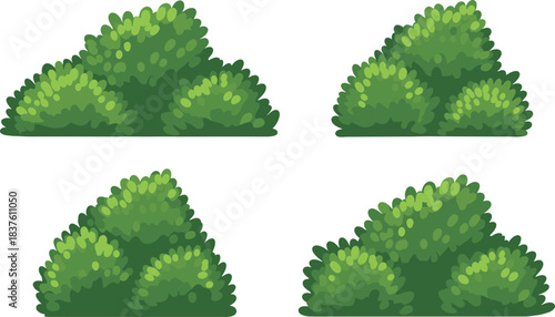 Stylized Vector Bush Set: Cartoon Dark Green and Light Green Shrubbery for Garden, Park, Nature, or Landscape Design Elements, Isolated on White Background for Easy Use.
