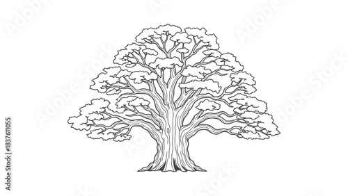 Detailed black and white illustration of a large, mature oak tree with spreading branches and lush foliage.