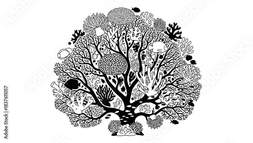 Stylized black and white illustration of a vibrant coral reef ecosystem with fish and anemones
