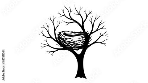 Silhouette of a bare tree with a bird's nest nestled within its branches, isolated.