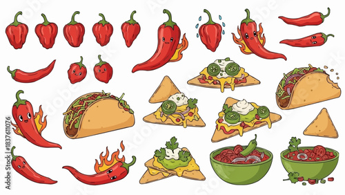 Spicy Mexican Food Fiesta with Chili Peppers and Nachos.
