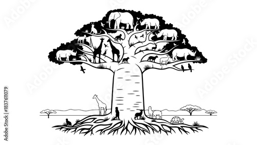 African wildlife tree silhouette with diverse animals on branches and roots, savanna landscape