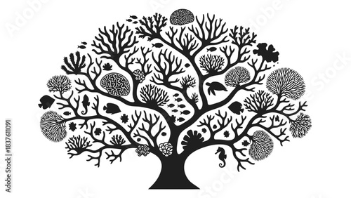 Stylized coral tree silhouette with marine life and brain coral elements