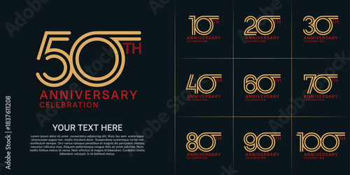 Anniversary logo style double line number set. gold and red color on dark background for celebration event