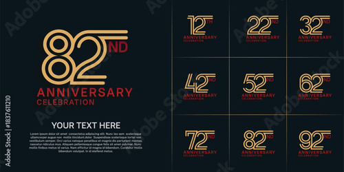 Anniversary logo style double line number set. gold and red color on dark background for celebration event