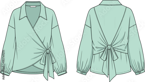 Technical Flat Sketch of Elegant Women's Wrap Blouse with Bishop Sleeves and Cuffs, Fashion Illustration Template Vector CAD Drawing for Apparel Designers, Contemporary Feminine Clothing Design,