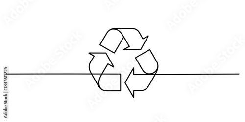 Minimalist single line drawing of the universal recycling symbol centered on a white background, representing sustainability and circular economy concepts. Vector, illustration