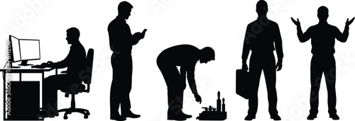 Title: Businessmen Silhouettes: Diverse Group of Male Professionals Working, Using Mobile Technology, Organizing Tools, Standing with Briefcase, and Engaging in Enthusiastic Discussion, Isolated
