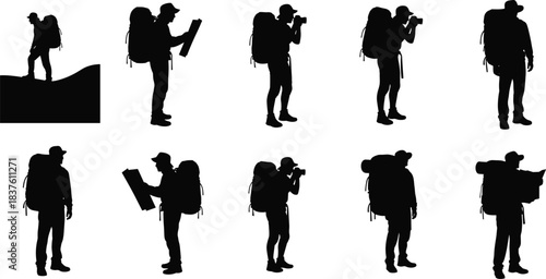 Title: Backpacker silhouette set showing male hiker travelers exploring nature with large backpacks, holding maps, using cameras, and standing on hills ready for outdoor adventure trip.