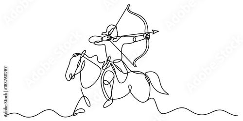 Continuous line drawing of an archer riding a horse, aiming a bow and arrow, embodying precision, strength, and mythological grace. Vector, illustration