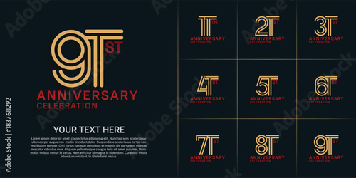 Anniversary logo style double line number set. gold and red color on dark background for celebration event