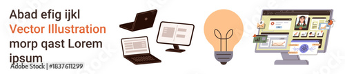 Technology, creative processes, innovation, education, digital design, collaboration. Illustrations of a laptop, desktop monitor and a glowing lightbulb. Technology and creative process concepts