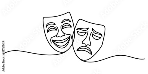 Continuous line art drawing of comedy and tragedy theatre masks. happy and sad emotions represented by drama symbol. Vector, illustration