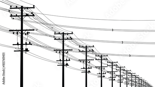 Utility poles stretching into the distance, conveying power and communication infrastructure, silhouetted against a white background, symbolizing essential services, electricity distribution, 