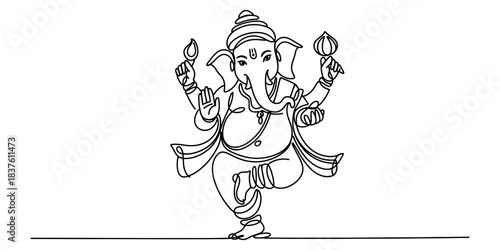 Abstract continuous line drawing of hindu god ganesha in a joyful dancing pose, representing wisdom, prosperity, and good fortune Vector, illustration