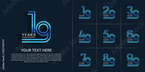Anniversary logo style double line number set. silver and blue color on blue background for celebration event