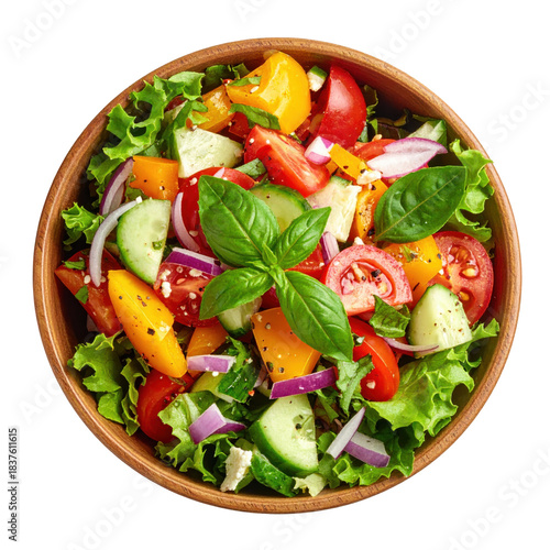 Traditional fattoush salad with romaine lettuce, radish, and cucumber, isolated on a pure white background