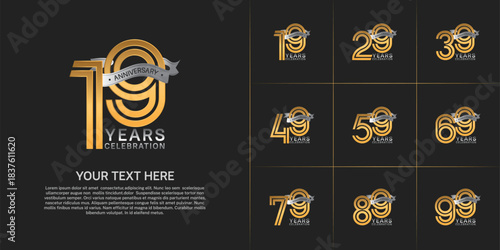 Anniversary logo style double line number set. gold color with silver ribbon for celebration event