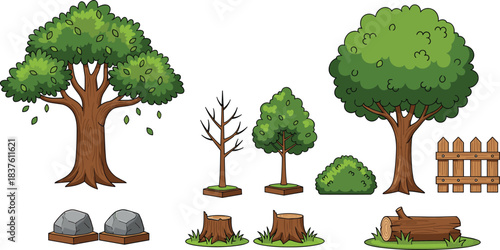 Vector illustration of various natural park and forest elements, including large trees, green bushes, wooden fence, rocks, tree stumps, and a fallen log, perfect for nature, outdoor, and environment-