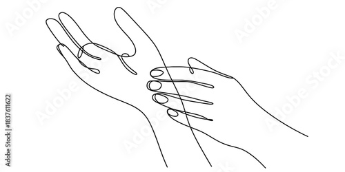 Continuous line drawing of two human hands, one holding the wrist of the other, illustrating care, connection, or interaction in a minimalist art style Vector, illustration