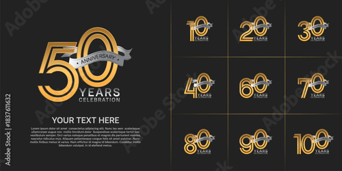 Anniversary logo style double line number set. gold color with silver ribbon for celebration event