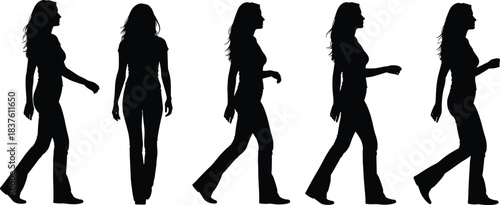 Vector Silhouette Animation Frames Set of Woman Walking Poses, Isolated Black Female Character Profile and Front Views, Lady Stepping Forward, Movement Sequence, Graphic Design Resource
