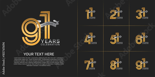 Anniversary logo style double line number set. gold color with silver ribbon for celebration event