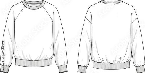 Women's Fashion Oversized Raglan Sleeve Sweatshirt Technical Flat Drawing Vector Design Mockup Apparel Template, Front and Back View, Comfortable Casual Streetwear Knitwear Pullover Jumper Sketch.