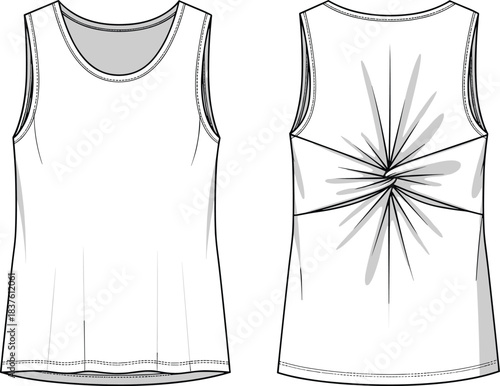 Women's stylish sleeveless racerback tank top technical fashion illustration vector template; front and back views with detailed stitching and creative gray graphic print burst on the rear.