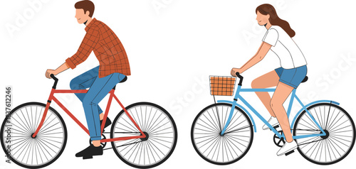 Young couple enjoying a leisurely bicycle ride together in the park on a sunny day, showcasing a healthy and active outdoor lifestyle, freedom, and sustainable transport.