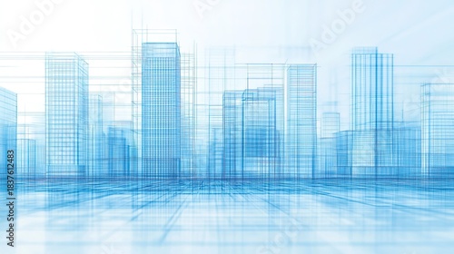 A digital illustration of a cityscape featuring blueprint-style outlines of skyscrapers against a light backdrop.
