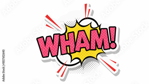 Comic Book Style Sound Effect WHAM Written in Bold Pink Letters Inside a Yellow Starburst Shape with Red Rays and Halftone Dots on White Background