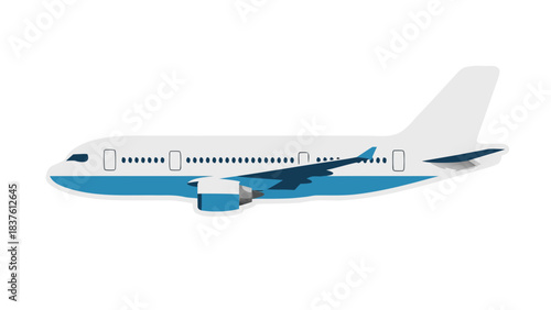 Commercial Passenger Jet Airplane Side Profile With White Fuselage Blue Striping Under Windows And Dark Gray Winglets Against A Black Background Ready For Takeoff