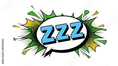 Comic Book Style Speech Bubble ZZZ Surrounded by Green and Yellow Explosive Shapes on a Black Background Representing Sleep or Exhaustion