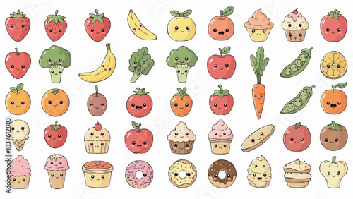 Kawaii Food Characters Cute Fruits Vegetables and Desserts Collection.