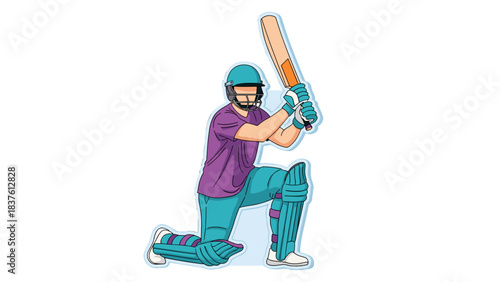 Cricketer in Purple Shirt and Teal Protective Gear Crouches Ready to Bat Holding Cricket Bat in Action Shot on Black Background