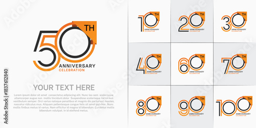 Anniversary logo type set with double line number. black and orange color for celebration event