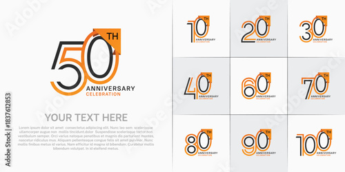 Anniversary logo type set with double line number. black and orange color for celebration event