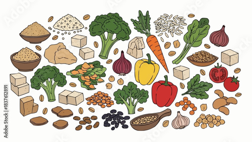 Assortment of Fresh Vegetables and Plant-Based Protein Sources.