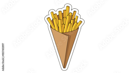 Crispy golden french fries packed in a brown paper cone wrapper against a stark black background symbolizing fast food enjoyment and street food culture with a clean outline effect
