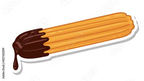 Crispy Golden Churro Dipped in Rich Dark Chocolate Sauce with a Drip Falling Off against a Black Background