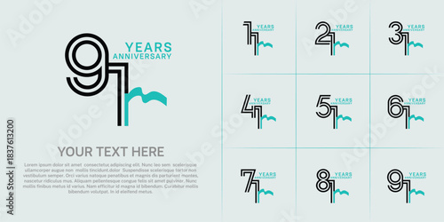 Anniversary logo type set with double line number. black color and blue ribbon for celebration event