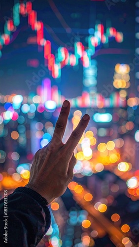 Hand with peace sign over bokeh cityscape