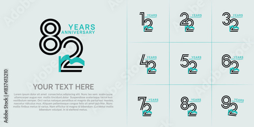 Anniversary logo type set with double line number. black color and blue ribbon for celebration event