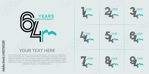 Anniversary logo type set with double line number. black color and blue ribbon for celebration event