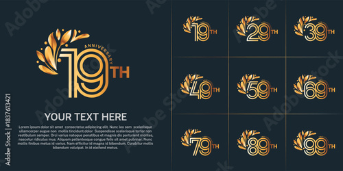 Anniversary logo type set with double line number and floral ornament. golden color for celebration event