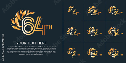 Anniversary logo type set with double line number and floral ornament. golden color for celebration event
