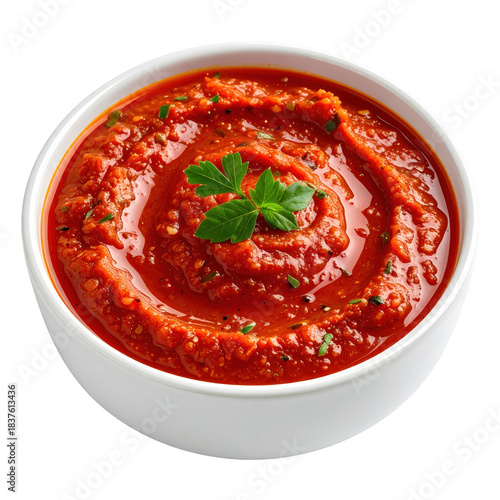 A jar of traditional harissa paste, a staple north african hot sauce, professionally isolated on a clean white studio background