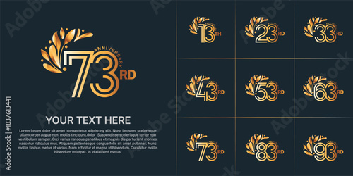 Anniversary logo type set with double line number and floral ornament. golden color for celebration event